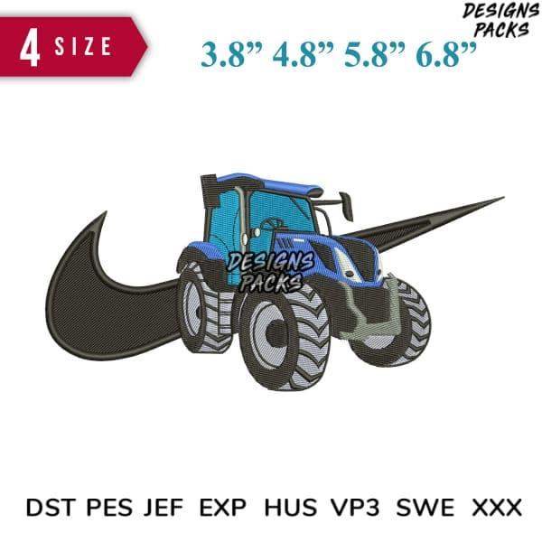 Blue tractor embroidery design with 4 sizes, PES DST JEF formats, print-ready for DTG/DTF