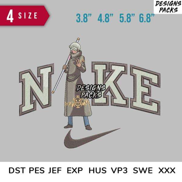 Embroidery design featuring character with staff, Nike-style lettering, 4 sizes, DST PES formats