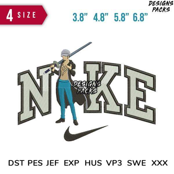 Embroidery design featuring anime character with sword over Nike-style lettering, available in 4 sizes and multiple formats