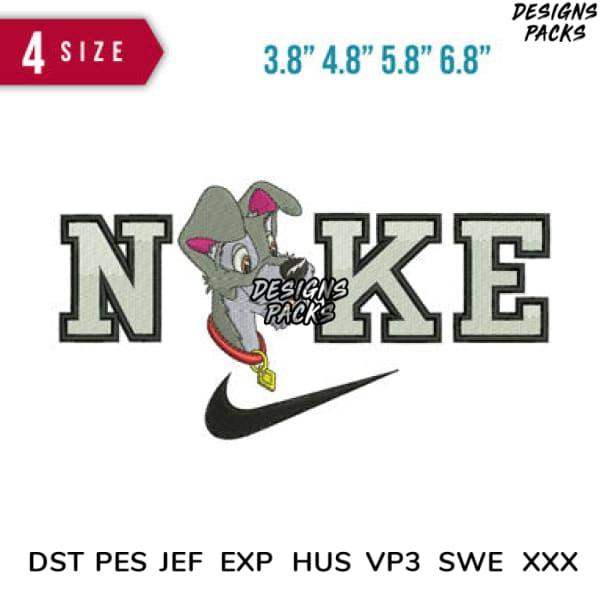 Embroidery design with cartoon dog in 'NOKE' text, Nike swoosh, 4 sizes, DST PES JEF formats