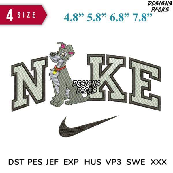 Embroidery design featuring dog with 'NIKE' text and swoosh, 4 sizes, DST PES JEF formats