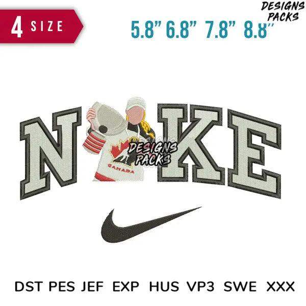 Embroidery design featuring 'NIKE' with Canadian maple leaf, available in DST PES JEF formats, 4 sizes