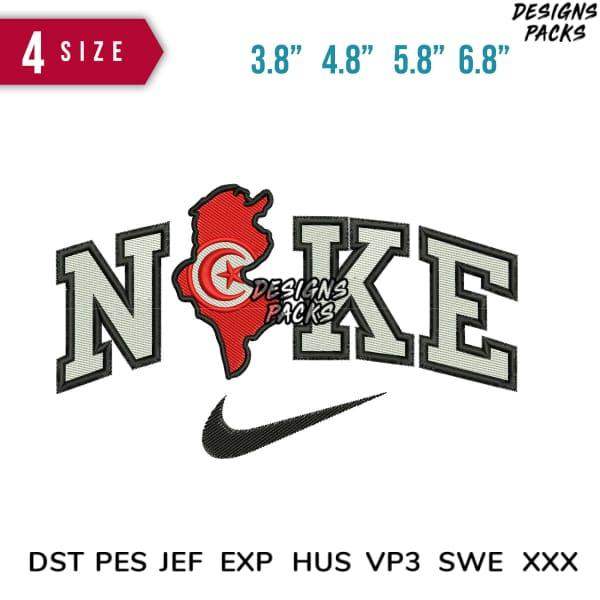 Embroidery design featuring Tunisia map with Nike-style swoosh, available in 4 sizes and multiple formats.