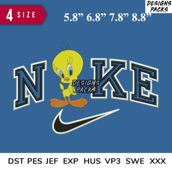 Tweety Bird embroidery design with Nike-style lettering, 4 sizes, DST PES formats, print-ready for apparel