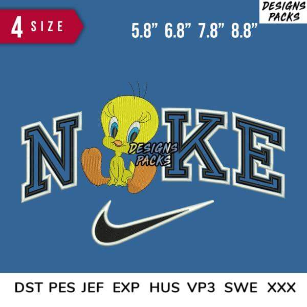 Tweety Bird embroidery design with NOKE text and Nike swoosh, available in multiple sizes and formats