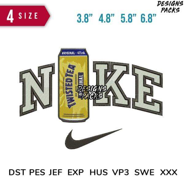 Embroidery design featuring Nike logo with Twisted Tea can, available in multiple sizes and formats
