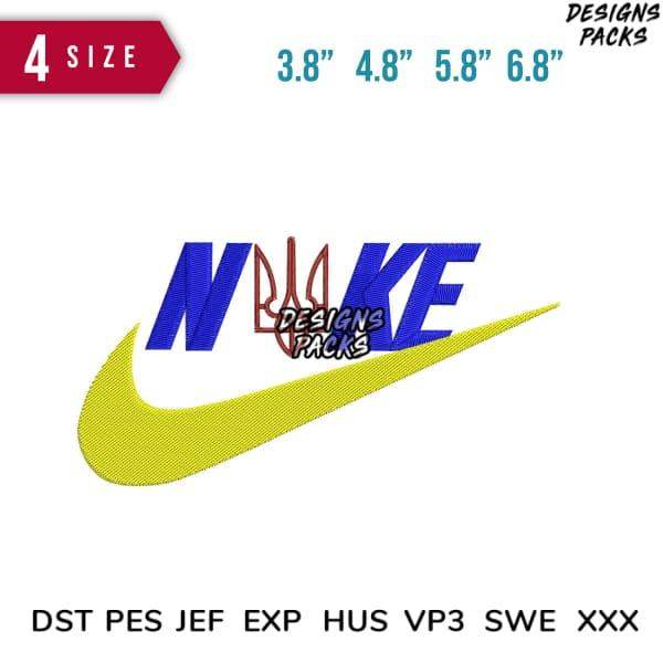 Embroidery design with Nike-style swoosh and text in blue, yellow, and red, available in multiple sizes and formats.
