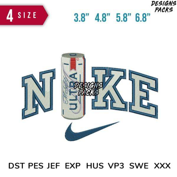 Nike-themed embroidery design with beer can, 4 sizes, DST PES JEF formats for instant download