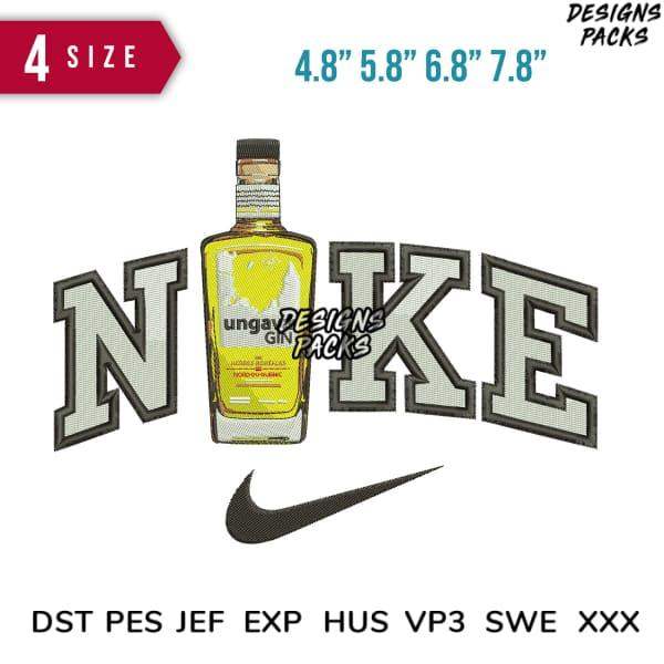 Embroidery design featuring gin bottle with 'NIKE' lettering, 4 sizes, DST PES formats for instant download