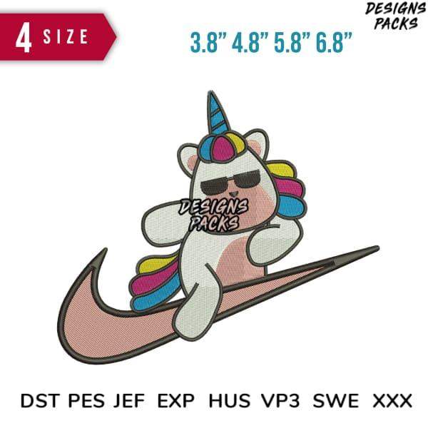 Cool unicorn riding sneaker swoosh, embroidery design in 4 sizes, DST PES JEF formats