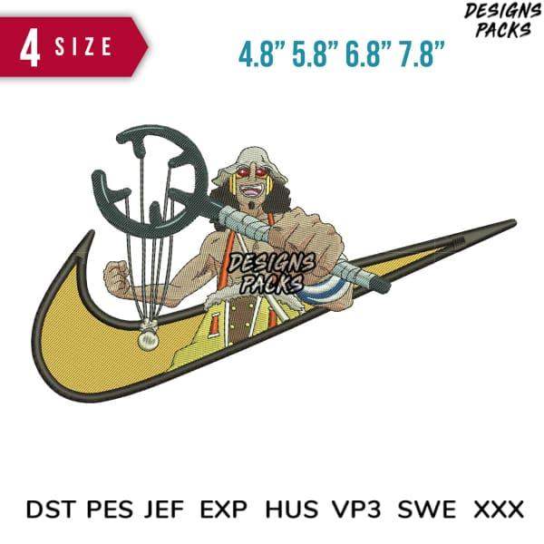 Embroidery design of pirate in Nike swoosh, 4 sizes, DST PES JEF formats, print-ready for DTG/DTF