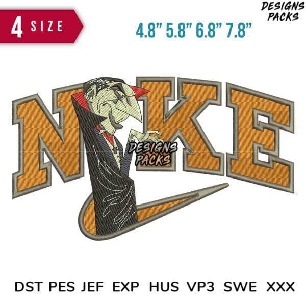 Embroidery design featuring cartoon character in Nike-style logo, available in PES, DST, EXP formats