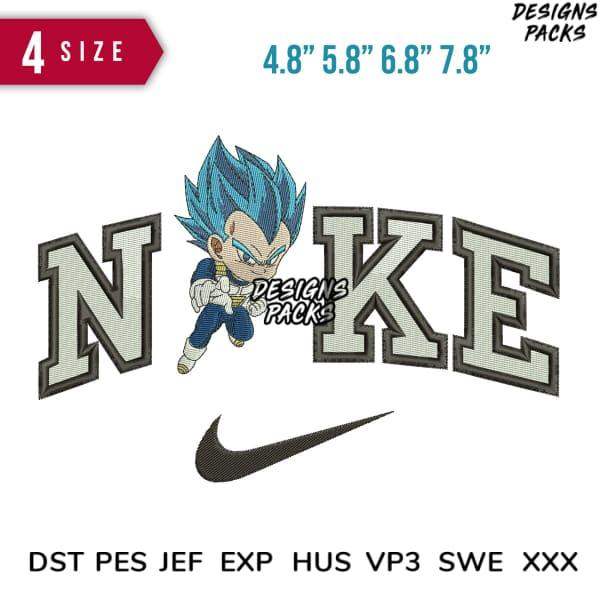 Vegeta embroidery design with Nike-style lettering, 4 sizes, DST PES JEF formats for instant download