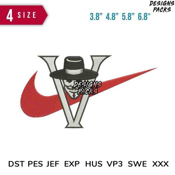 Embroidery design featuring a masked figure with hat, red swoosh, and V shape, available in multiple sizes and formats.