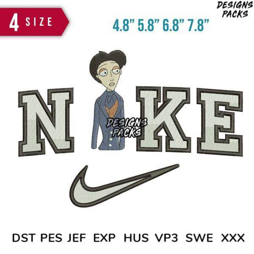 Embroidery design with 'NIKE' lettering, cartoon character, and swoosh logo in 4 sizes, PES DST formats