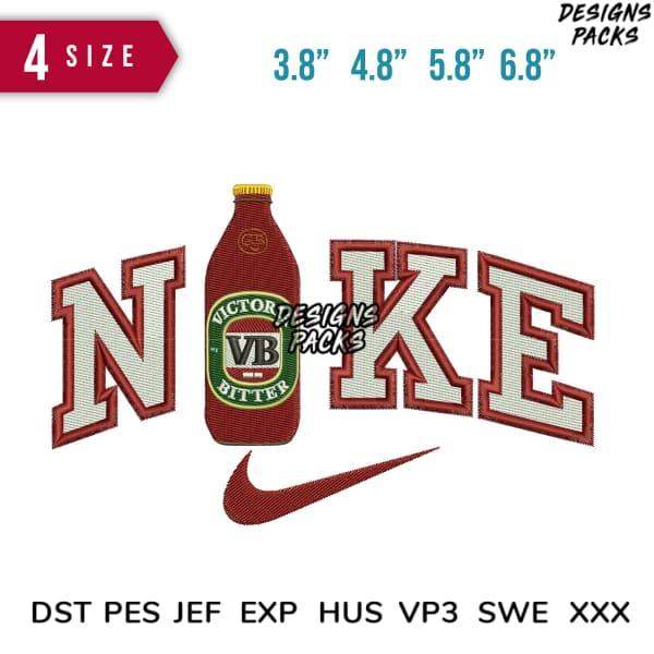 Embroidery design featuring 'NOKE' text with VB Bitter bottle & Nike swoosh, available in multiple sizes and formats