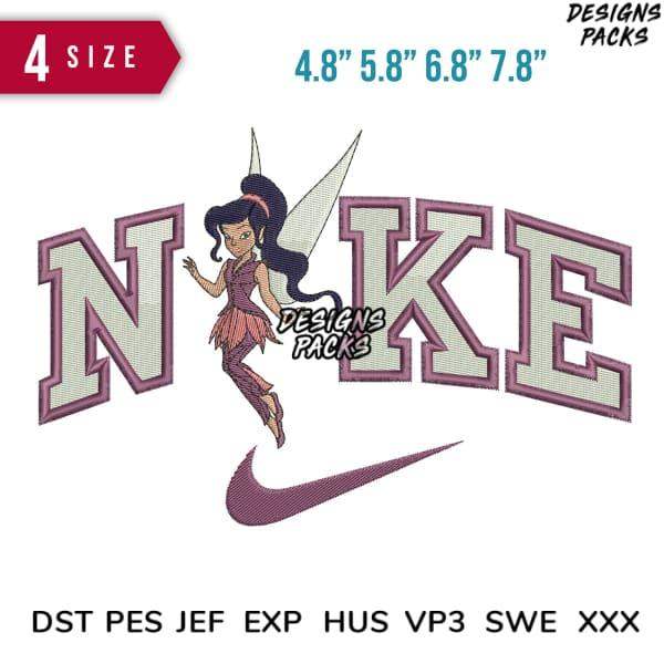 Fairy character embroidery design with Nike-style swoosh, 4 sizes, PES DST formats for machine embroidery