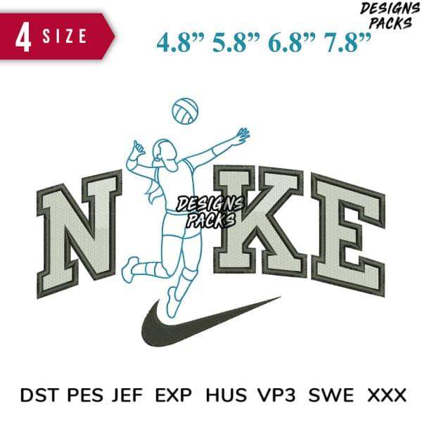 Volleyball player embroidery design with 'NIKE' lettering, available in 4 sizes & multiple file formats