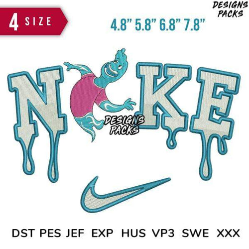 Embroidery design with 'NOKE' text, dripping effect, and Nike-style swoosh in 4 sizes, PES/DST formats