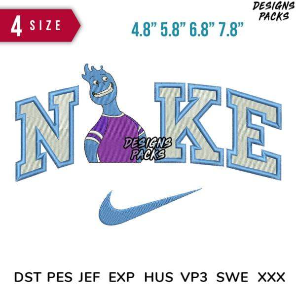 Embroidery design featuring cartoon character in purple jersey with 'NIKE' lettering, available in multiple sizes and formats