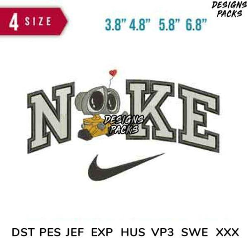 NOKE embroidery design with robot, heart, and Nike swoosh in 4 sizes, PES DST formats