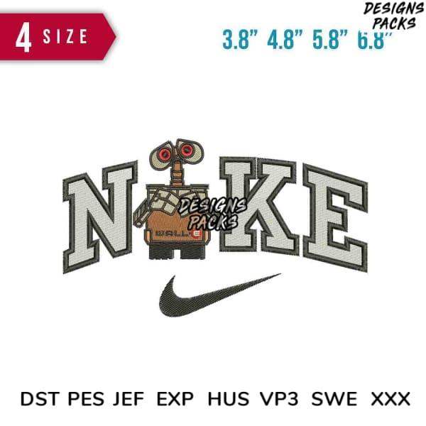 Embroidery design featuring WALL·E robot with Nike logo, available in PES, DST, EXP formats, 4 sizes