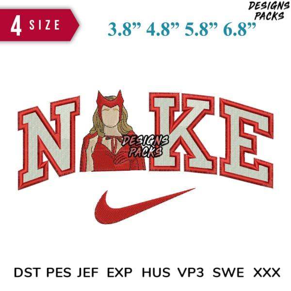 Embroidery design with 'NAKE' text, devil horns girl, Nike swoosh, 4 sizes, DST PES JEF formats