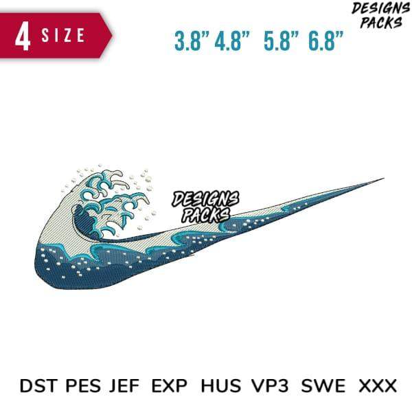 Ocean wave embroidery design in Nike swoosh shape, available in 4 sizes & multiple file formats