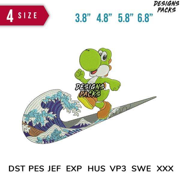 Yoshi surfing wave embroidery design in 4 sizes, print-ready formats for DTG, DTF, and tumbler wraps