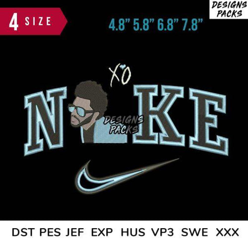 Embroidery design featuring 'NIKE' text, a bearded man with sunglasses, and a swoosh logo in blue and black.