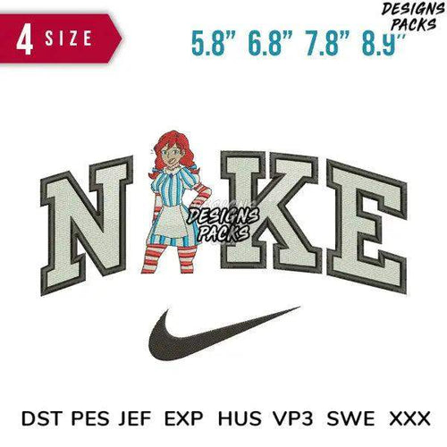 Embroidery design with cartoon girl in striped outfit, 'NAKE' text, and Nike swoosh, available in multiple sizes and formats