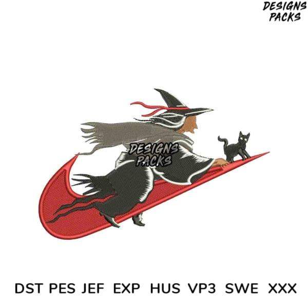 Witch riding broom with black cat, embroidery design in PES DST JEF formats for Halloween projects
