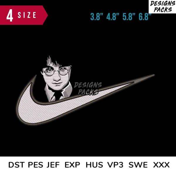 Harry Potter face in Nike swoosh embroidery design, 4 sizes, PES DST formats for instant download