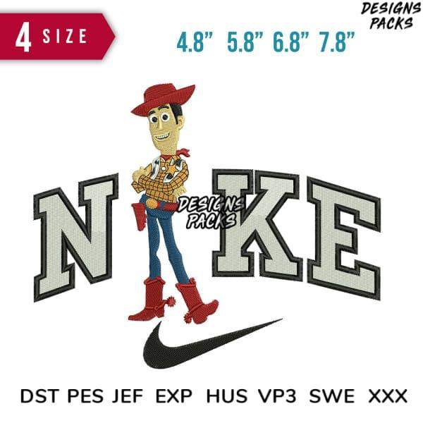 Woody character embroidery design with Nike logo, available in multiple sizes and formats