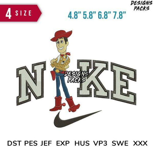 Woody character embroidery design with Nike-style lettering, available in 4 sizes and multiple file formats