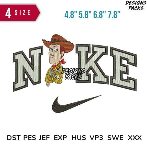 Embroidery design featuring Woody character with 'NIKE' text and swoosh, available in 4 sizes, DST PES JEF formats