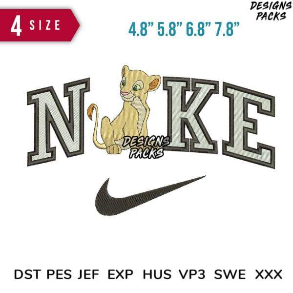 Lion cub embroidery design with 'NIKE' text and swoosh, 4 sizes, DST PES JEF formats