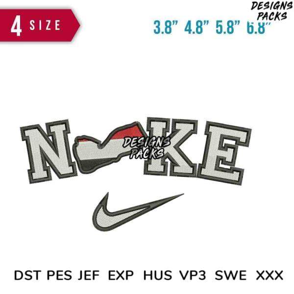 Embroidery design featuring 'NOKE' with sneaker graphic and swoosh, available in 4 sizes and multiple formats.