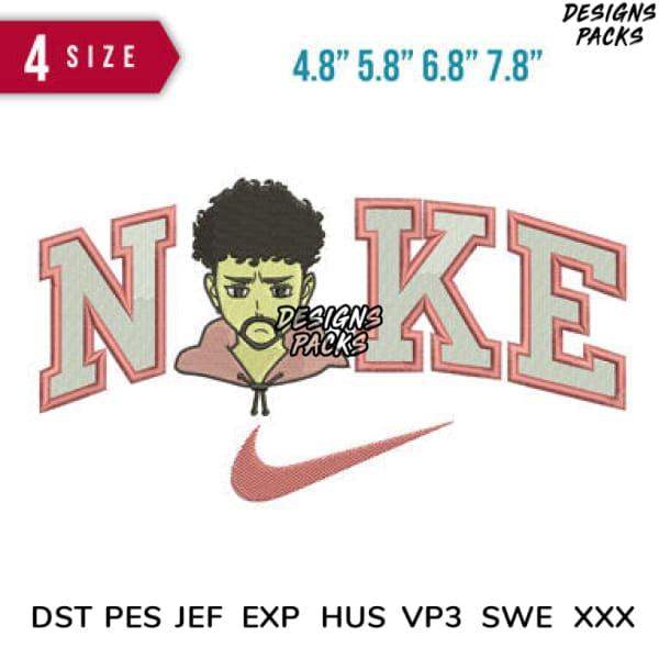 Embroidery design featuring cartoon character with 'NAKE' text and swoosh, available in multiple sizes and formats