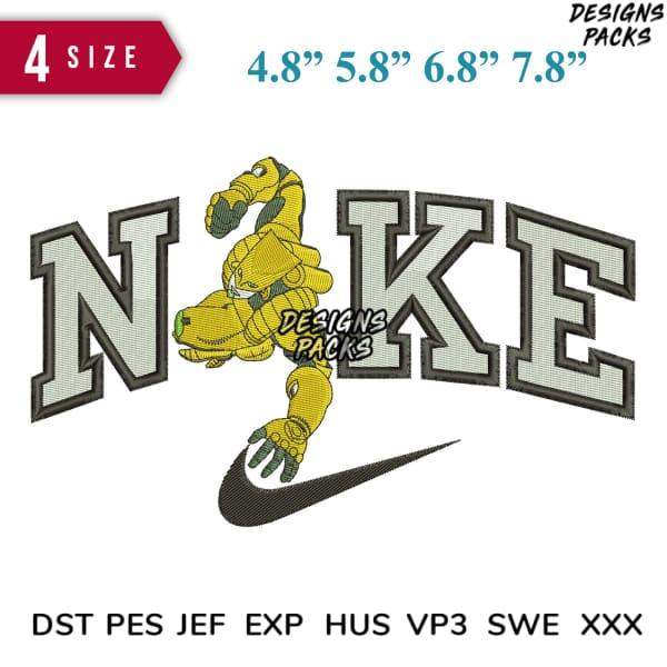 Embroidery design featuring yellow robot in 'NAKE' lettering with Nike swoosh, available in multiple sizes and formats