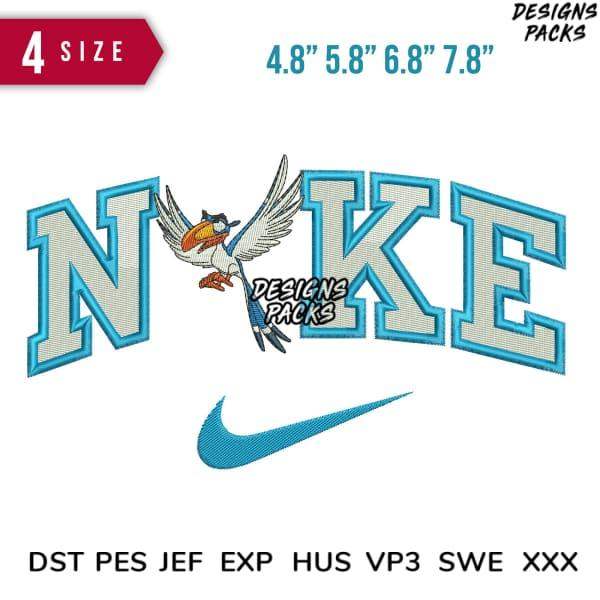 Embroidery design with bird and 'NIKE' lettering, 4 sizes, DST PES JEF formats, print-ready