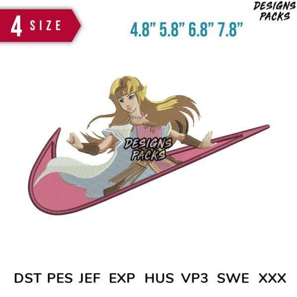 Zelda embroidery design in Nike swoosh, 4 sizes, PES DST JEF formats, print-ready for DTG/DTF