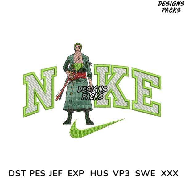 Zoro anime character embroidery design with Nike-style logo, available in PES, DST, JEF formats for instant download