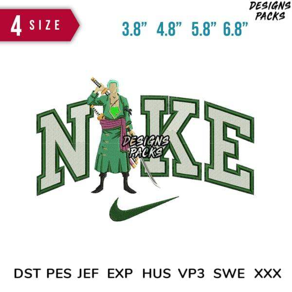 Embroidery design featuring anime character with Nike logo, available in multiple sizes and formats