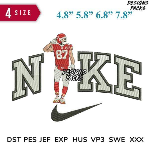 Embroidery design featuring football player with Nike logo, available in multiple sizes and formats