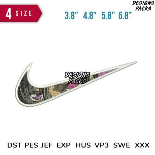 Embroidery design of Nike swoosh with anime eye, available in 4 sizes and multiple formats like PES, DST