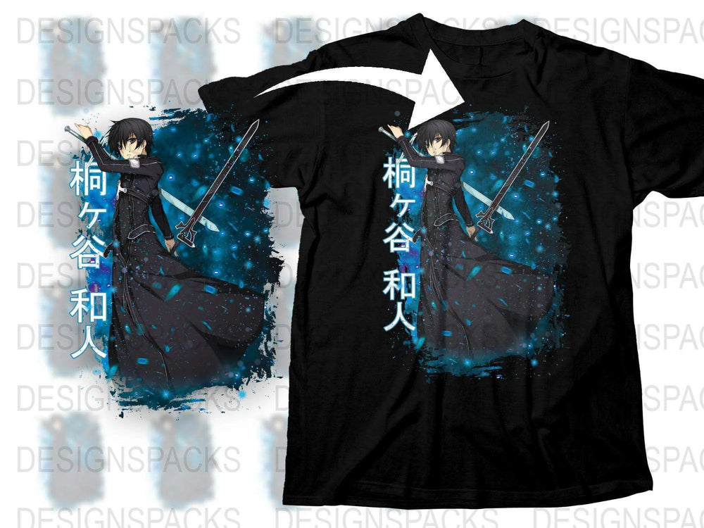 Anime Graphic T-Shirt, Stylish Blue and Black Tee, Cool Character Design, Unisex Fashion Shirt