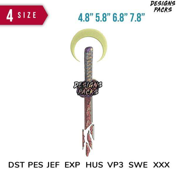Embroidery design of ornate sword with crescent moon, available in 4 sizes and multiple file formats