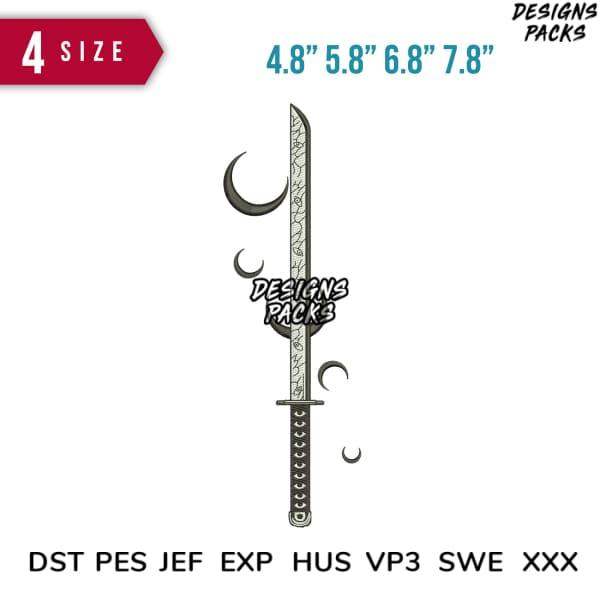 Samurai sword embroidery design with crescent moons, available in 4 sizes & multiple formats (DST, PES, JEF)