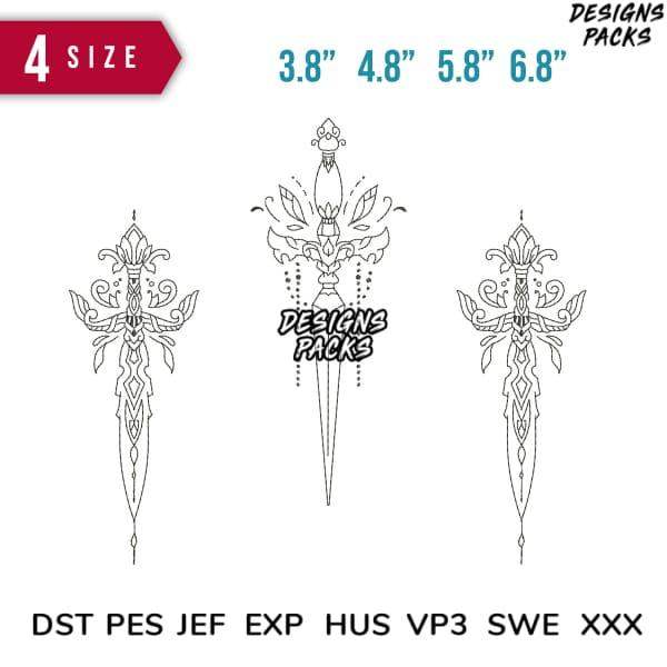 Intricate dagger embroidery design in 4 sizes, compatible with DST PES JEF EXP formats for instant download.